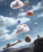 Placeholder: Ultra realistic speed clouds sky scene, wide angle view, strong men falling down with many Childs background, circus clothing style, feather color clothing, free jumping flying, many trinkets, hair monster, many jelly beans, balls, color smoke, smile, happy, extreme, wind, clouds sea, 20,000 feet altitude, stratosphere, soft color, highly detailed, unreal engine 5, ray tracing, RTX, lumen lighting, ultra detail, volumetric lighting, 3d, finely drawn, high definition, high resolution.