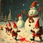 Placeholder: there is no kebabs at christmas, evil Santa, evil gnomes running around, staring flaming eyes, evil Rudolf, very big evil angry Frosty the snowman in background, kebabs and kebab, 1940 christmas postcard, blood stains, scared kerubs