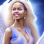 Placeholder: portrait of a beautiful somalian woman with an angel face smiling,long blond hair, blue eyes, pink and blue dress, jewels, soft light aura