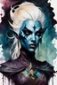 Placeholder: highly detailed, oil and watercolor underpainting concept illustration of a female Drow seeress character , maximalist, sharp focus, highest resolution, in the styles of Alex Pardee, Bill Sienkiewicz , Denis Forkas , and Masahiro Ito, boldly inked, 8k, coarse, gritty textures