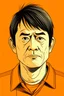 Placeholder: Illustration of nervous 40 year old Japanese man with with black hair, front view, orange background