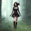 Placeholder: steampunk, dark forest, black hair, legs, leather clothes