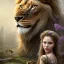 Placeholder: Young beautiful girl wearing floral crown next to a stunning lion on nature forest path, Chronicles of Narnia, 8k resolution, high-quality, fine-detail, iridescent, intricate, digital art, detailed matte, volumetric lighting, beautiful, illustration, 3D octane render, brian froud, howard lyon, selina french, anna dittmann, annie stokes, lisa parker, greg rutowski,