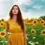 Placeholder: woman standing in sunflower field, back, wind, long brown hair, yellow dress