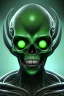 Placeholder: green alien, head, evil, black eyes, weapons, blood, 8k, finely detailed, photo realistic, HR Giger style turquoise skull head red Mohak