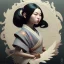 Placeholder: storybook illustration of cute little tengu yokai girl, raven-black hair, wearing a kimono, digital painting, pastel, illustration, art by artgerm and greg rutkowski and alphonse mucha, procreate, epic, fantastic, featured on cgsociety.art by Greg Rutkowski, Alphonse Mucha, Artgerm