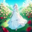 Placeholder: gorgeous anime girl wearing a yellow and white dress ,standing in a meadow of flowers, spreading rose pedals on the ground. beautiful eyes and a stunning smile, blue eyes, two blue eyes, perfect nose and rosy cheeks and red lips