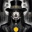 Placeholder: medium close from drawing a striking gothic emo male model with long black hair and intense dark yellow eyes, wearing dramatic black eyeliner and lipstick. He has pale, smooth skin with strong, sharp facial features. The model is adorned with gothic accessories silver chains , circle earring and black steampunk hat. The overall mood is dark, mysterious, and elegant, with a high-fashion gothic aesthetic. The background is softly lit with fog in gray tones, focusing all attention on the face