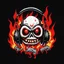 Placeholder: Futuristic block text "SARDONIC HARMONY" in minimalist logo for a rock band inspired by the styles of Ed Big Daddy Roth, graffiti art. sinister, evil marshmallow head caricature with headphones breathing red flames. The background is dark.