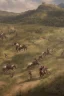 Placeholder: detailed oil painting, renaissance style, of mounted knights galloping across an open field, swords in hand, mountains in distance