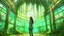 Placeholder: floating alien jellyfish, rampant foliage, and vines, inside a huge vaulted alien building, woman with black hair in a ponytail, in camouflage trousers and jacket, photorealistic, Intricate Detail, sunny day