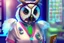 Placeholder: Owl nurse in nurse costume made of tyffany glass and gemstones spreading pills, she is wearing necklaces made of medicines in a hospital room in sunshine
