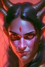 Placeholder: purple skin, glowing fiery eyes, smirk, soft female face, beautiful, graceful, horns from forehead, pontail, black hair, sidebangs