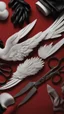 Placeholder: White clipped wings on a red fabric, next to scissors and black leather gloves. Cinematic image