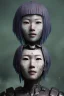 Placeholder: japan head portrait, warrior armor , village, meditation, woods, galaxy sky, 8k quality , portrait,beautiful robotic ,ghost in the shell , post-apocalyptic in a cyberpunk city, realistic, intriacte detail, sci-fi fantasy style, volumetric lighting,24mm , particales,highly detailed,cinematic, deep purple , green eyes .