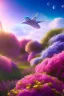 Placeholder: digital illustration, a world full of life divine thrill of biological tranquil sky, flowers, spaceship, , bright color splashes, high detailed 8 k