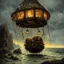 Placeholder: Surreal massive cyclops with an biomechanical oculus emitting strong beams of light agonizingly stumbling through the shoreline dragging large lanterns behind it, nighttime in a windy rainstorm, by Jean Baptiste Monge, by Dave Kendall, dramatic, kinetic, eerie dark primary colors, matte oil painting, intricate complex detail, horror art.