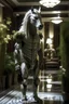 Placeholder: a werewolf humanoid unicorn equisapien lycanthrope male standing in a liminal garden hotel lobby