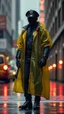 Placeholder: retro futurist, nypd full body color 1920 black policeman with external exoskeleton wtih heavy yellow rain transparent coat