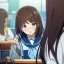 Placeholder: Clear focus, High resolution, Teenager, Adorable, Anime screencap, transformation, long flowy brown hair, blue eyes, wearing a sailor uniform, blushing and screaming, in the classroom