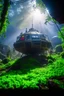 Placeholder: clos up on iss space station in the middle of brazilian jungle, terror from the deep creatures, crashlanding, depth of field, light rays, mist