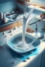 Placeholder: in focus, a jet of water flows into a spoon and splashes everywhere in a sink tray with plates of foamy water in the bottom in a modern kitchen in sunshine