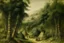 Placeholder: An olive green forest with tribal huts painted by Albrecht Durer