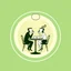 Placeholder: A circular logo for a cafe in a beautiful green color, with two people sitting around a two-person table in the center of the circle, drinking coffee, and the cafe light above the table is on, with each person's head resembling a coffee cup.