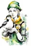 Placeholder: Watercolor black and white elf with a duck on the hands