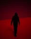 Placeholder: A grainy blurry photograph of the silhouette of man walking in an orange desert at night, he is wearing black and his head covered with cloth, grainy motion blur photo, dark red sky, he walks towards camera, close up shot, low angle, high contrast, night time, grain film, shot on Hasselblad medium format Kodak Portra 400D, by beksinski