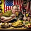 Placeholder: patriotic repulican fat american eating fries in his super messy kitchen HD