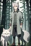 Placeholder: The handsome and perfect full body is on the spruce land, anime, a casual, gray-haired and pale green-eyed male character with wolf ears and a feline tail in the forest, 8K resolution, high quality, ultra graphics, and detailed with lines.