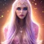 Placeholder: beautiful, soft, smiling face, whole head, long straight blonde hair blues eyes, crown on the head, clothing in transparent bluish and pink veil, background brillante bluish and pink, hight definition, 8K