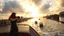 Placeholder: UK oxford street over times river, on wide deck of a big moving ship beautiful lady dancing and a fiddler playing ,ships in river, cloudy sky,sunset,golden sky