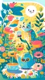Placeholder: Children book style Boho cat in flowers garden having tea with funny bird in sunlight seamless
