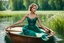 Placeholder: shot from front ,green field and wild flower field ,(A German beauty , with a melon seed face and wearing a blue camisole long skirt. She has a slender figure, beautiful makeup, and elegant temperament sitting in a boat and movin her hands as if she is dancing while sitting in boat in water toward camera in trees next to wavy river with clear water and nice sands in floor.camera capture from her full body front, spring blosom walking to camera ,wild flowers moving in the wind ,blue sky,moving p