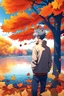 Placeholder: SL photography, anime male person in autumn, fall season, leaves near the lake and the tree, ink style, and bright colors, 8K resolution, high quality, ultra graphics, and detailed with lines.