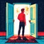 Placeholder: Man standing in front of an open door leading to the stars, symbolizing hope and new beginnings. The artwork features a red color scheme, simple illustration, vector art style, flat design and a bright, colorful 2D background. This professional illustration is in the style of Mandy Disher, with soft gradients and soft colors, and is high resolution.