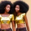 Placeholder: Female Twins, black skin, tall and slender, long afro kinky hair,big brown eyes, warrior wear. Gold accents on clothing. Surround by trees