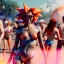 Placeholder: Ultra Realistic photo, medium shot view, drunken dancer bikini woman, carnival scene, monster hair, steampunk. Red hair, confeti, Sunglasses, smile, happy, festival, ovnis, gradient color fog. highly detailed, concept art, unreal engine 5, ray tracing, RTX, lumen lighting, ultra detail, volumetric lighting, 3d, finely drawn, high definition, high resolution.