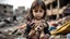 Placeholder: palestinian little girl holding her toy with tears and Destroyed buildings in the background