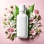 Placeholder: white bottle for cosmetics, beautiful spring background in the background, highly detailed picture, top view