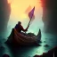 Placeholder: Charon in his boat on the river Styx, red black purple colours, 8k, high definition, fantasy art, winding river, sharp jagged rocks, high contrast colours, sharp colours