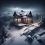 Placeholder: Hyper Realistic areal view of an abandoned house on the top of a mountain at heavy snowfall night