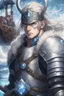 Placeholder: 1man warrior in anime style, with blue eyes wearing silver Vikings armor with a blue crystal on his chest with a battle axe on the pirate ship, anime, anime style