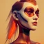 Placeholder: A beautiful portrait of a cute cyborg woman orange color scheme, high key lighting, volumetric light high details with white stripes and feathers and indian paterns and wimgs