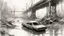 Placeholder: a bridge over a river filled with the skeletons of cars, post-apocalypse,, thick black pencil, by Raymond Swanland