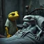 Placeholder: a sad , large, yellow-green frog wearing a t-shirt, standing in an old, dilapidated room next to a bed. In the bed lies a pale gray, ancient and wrinkled lizard-medusa-frog mutant creature with two long tentacle arms, a large head, and big half-open black eyes with eyelashes. The blanket partially covers the creature. The frog gazes at the lizard creature, while the background is blurred, adding to the eerie atmosphere. The detailed, realistic rendering