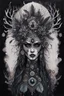 Placeholder: portrait vantblack pouring Acrylic an cyberpunk shaman woman extremely textured botanical-metal faced portrait with a voidcore metal gothica headdress with metallic filigree gothica ornaments around onix stones mineral stone metallic watercolour an black ink filigree silver voidcore shamanism foral ornaments plants and tree branches black ink on half face masque gothica filigree voidcore athmospheric organic bio spiral ökoart creepy stunning