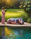 Placeholder: Oil painting inspired by the style of Maxfield Parrish. A hippo, draped in voluminous, flowing robes, relaxes peacefully by a reflective pool surrounded by lush greenery and soft, golden light. She gazes contentedly at her surroundings, with a calm, serene expression. A companion holds a cluster of grapes, enhancing the tranquil and luxurious setting. The scene has a dreamlike, painterly quality with warm, harmonious colors and intricate textures in the landscape and robes.